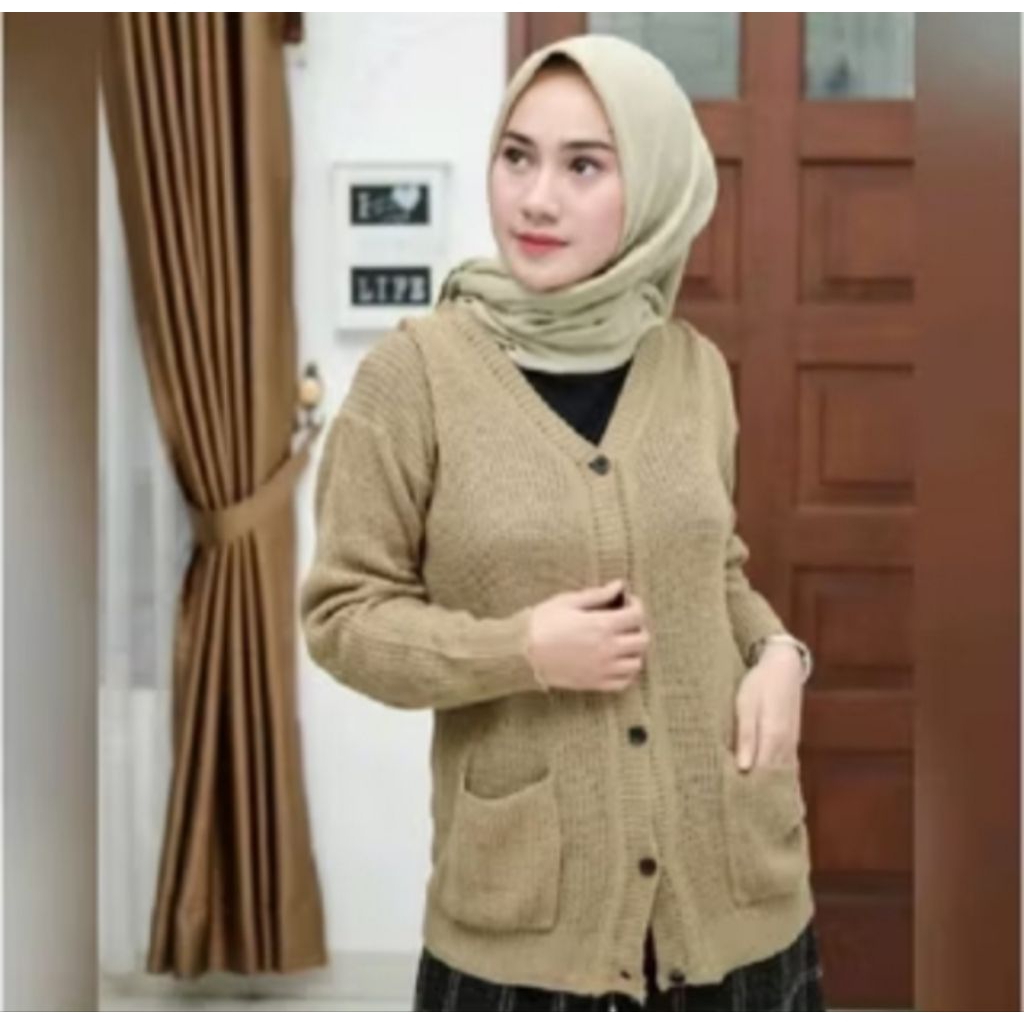 Cardigan rajut merissa, baju sweater rajut wanita lengan panjang ada kancing dan saku depan