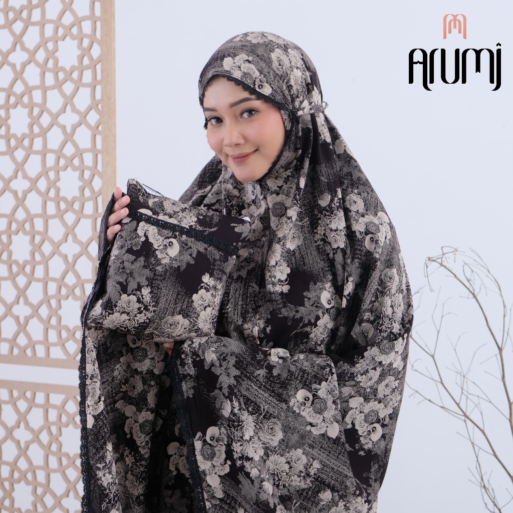 ARUMILUXE - Mukena Katun Rayon Viscose Motif 2in1 Mukena Dewasa Jumbo Motif Bunga Hitam Putih