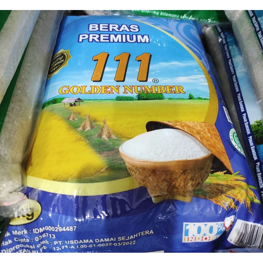 

Beras putih premium 5kg Goldeb number 111, DM , Berlian Merah, Mickey, HSC , Penari Bangkok