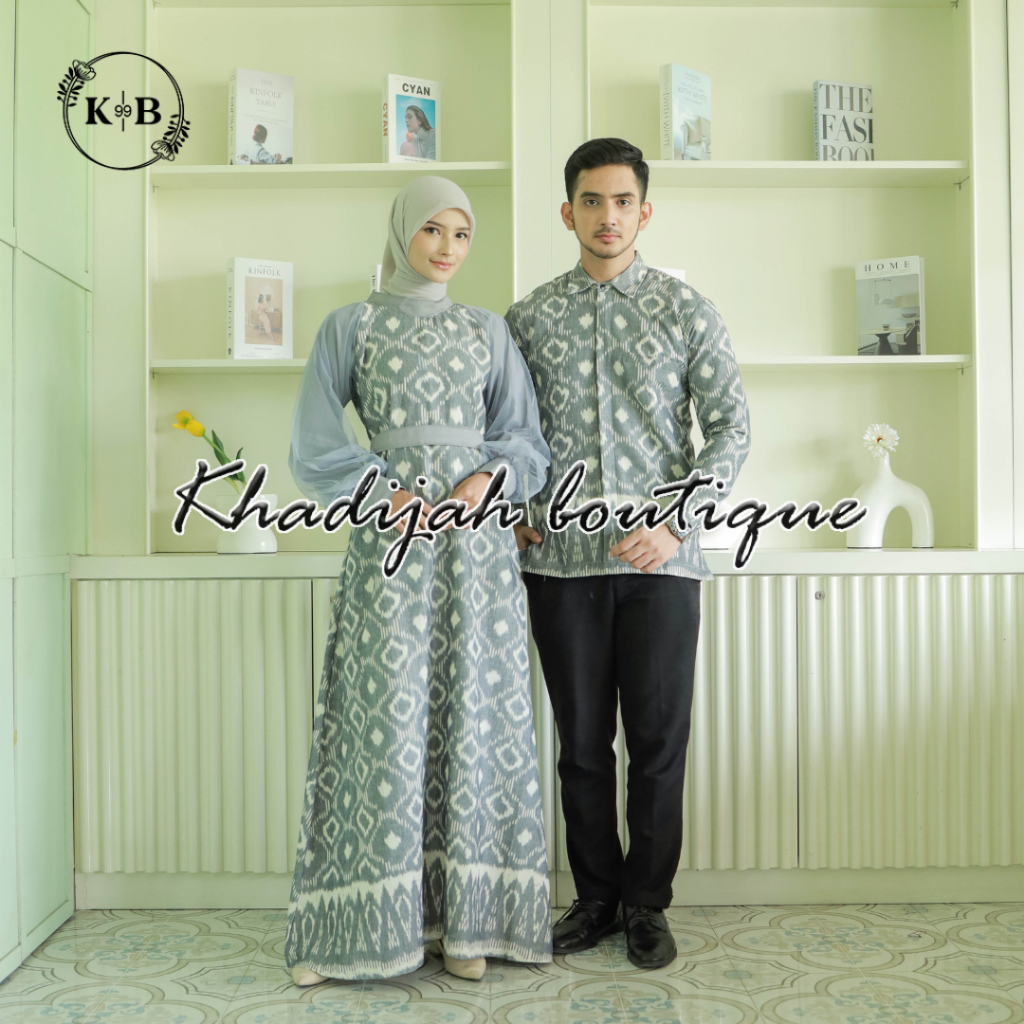 Set couple syahira grey kemeja pria dan dress wanita, gamis kondangan ethnic, couple baju kondangan,