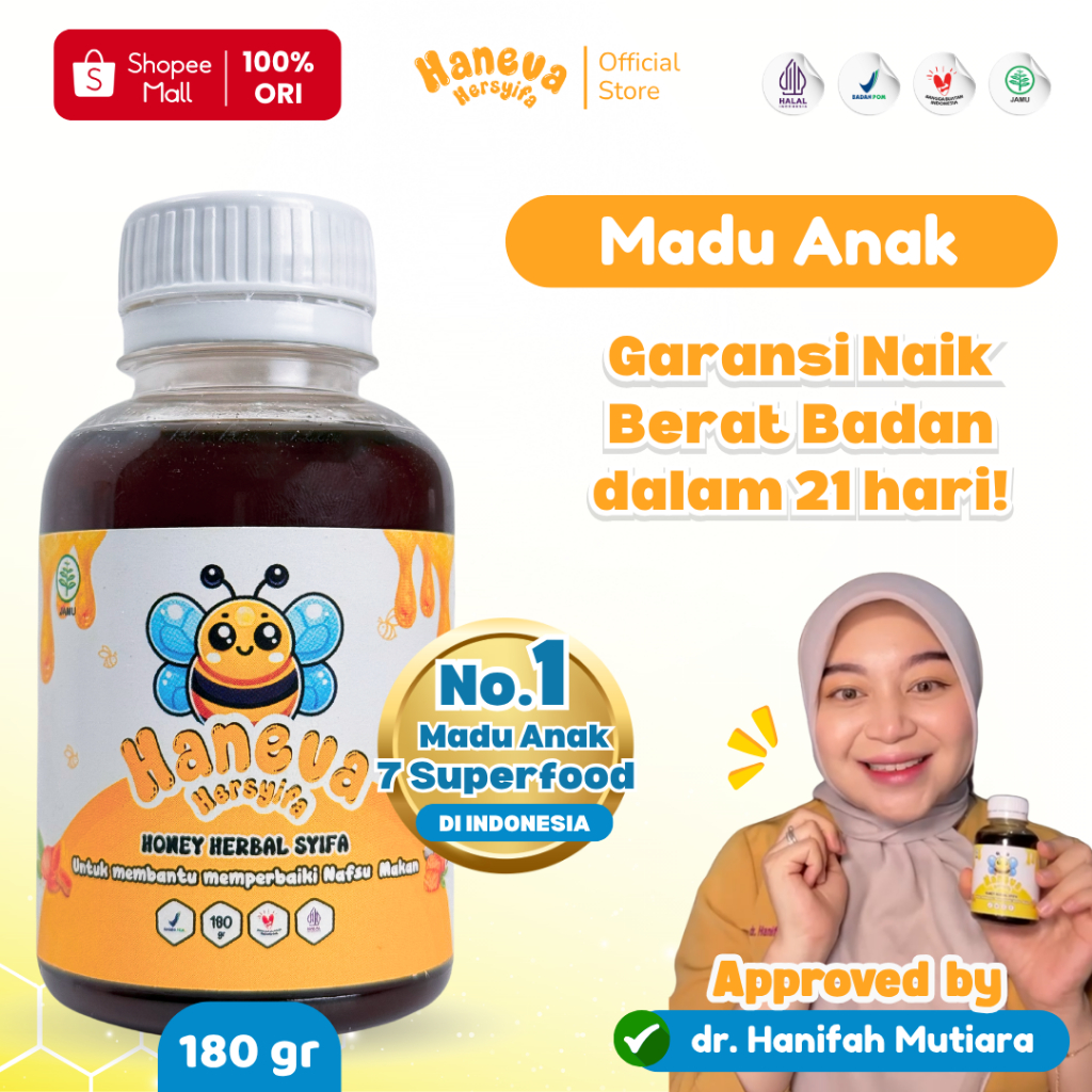 

HANEVA HERSYIFA - Madu Anak Penambah Nafsu Makan - 2 Thn Keatas | BPOM dan Halal MUI 180 Gram