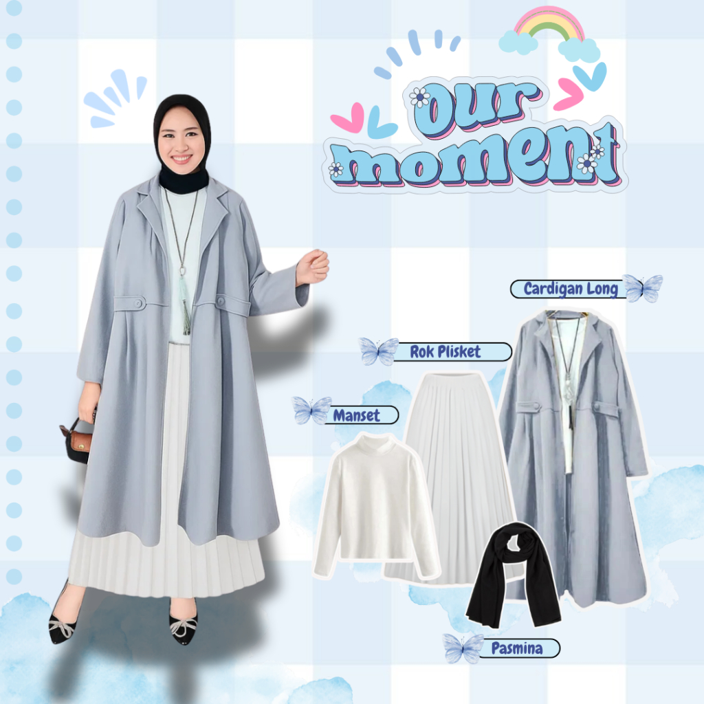 Kekinian 4in1 Wanita Hijab OOTD ( Cardigan Long Abu, Rok Plisket Putih, Manset Putih, Pasmina ) Kore