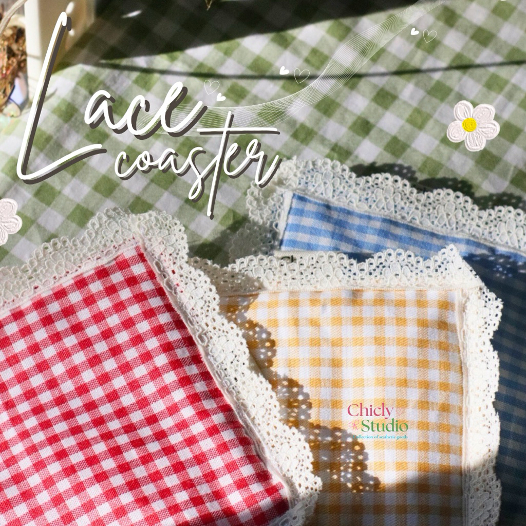 Lace Coaster - Chicly Studio, coaster gingham, coaster aesthetic, coaster kain, tatakan gelas, gift 