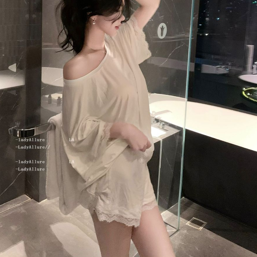 Baju Tidur Piyama Set Wanita BS-5084 Bahu Miring Longgar Lengan Pendek Sexy Renda Lace T-shirt Set 2