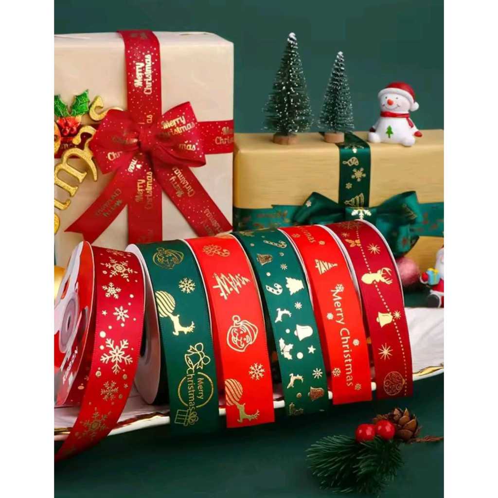 

[1 GLG 25 YARD] Pita Natal Satin 2,5 cm Motif Merry Christmas Snow Flake Snowman Pita Buket Hampers