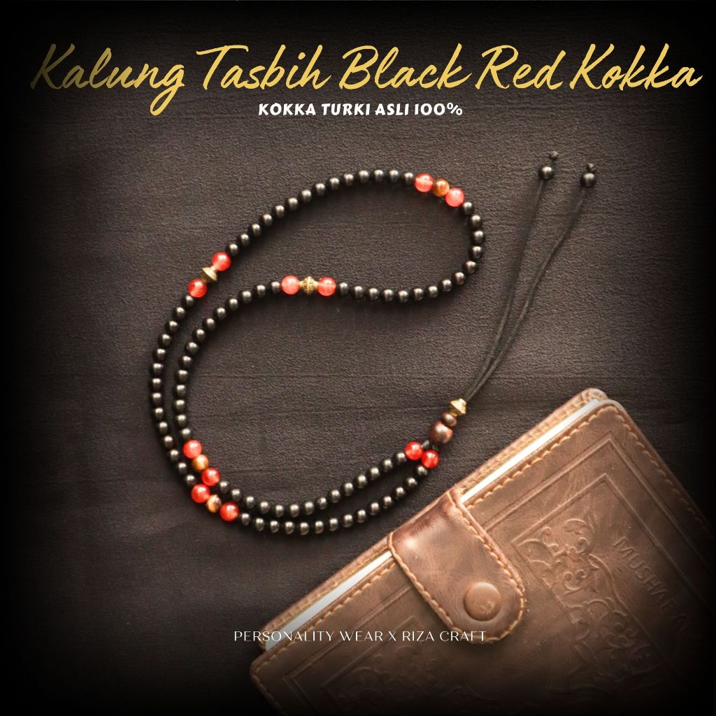 Kalung Tasbih Pria Wanita Kecil Keren Kayu Kokka Kaukah Kaokah Hitam mix Batu Garnet Tiger Eye ASLI 