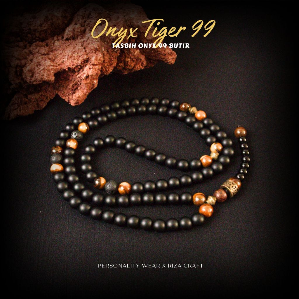 Tasbih 99 Butir Kecil Cantik Premium Batu Alam Hitam Onyx Kombinasi Tiger Eye Kristal Akik Asli