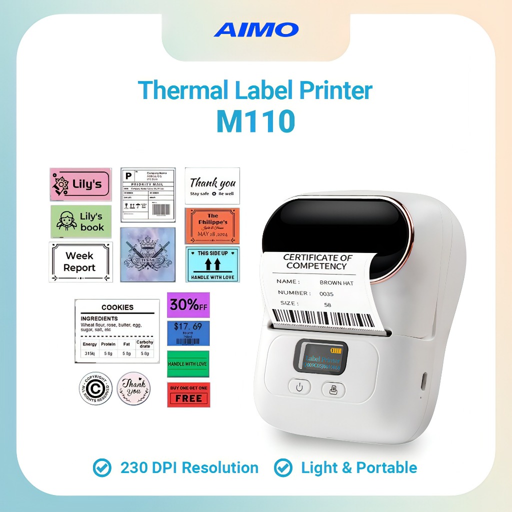 

AIMO M110 Commercial Pembuat Label Portable Bluetooth Hang Tag Barcode Thermal Printer Label Inkless Tanpa Tinta Adjustable 20-50 mm