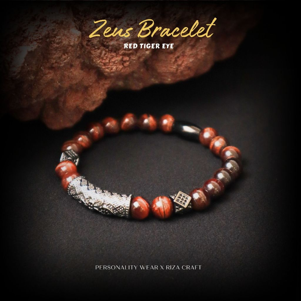Gelang Pria Wanita Keren Aesthetic Batu Alam Kristal ASLI Akik Tiger Eye Merah Natural ZEUS Bracelet