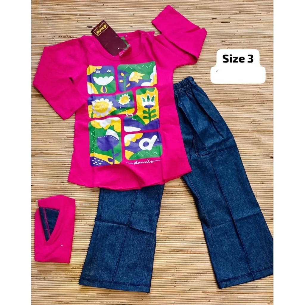 Dannis Size 3 Sale Baju Muslim Anak Perempuan One Set Setelan Kaos Celana Anak-Anak Lucu