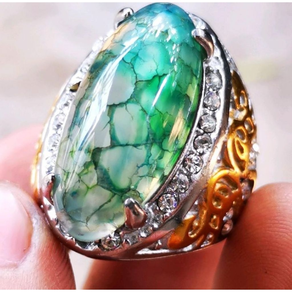 cincin batu akik ijo sisik naga model pandan, hijau ring monel