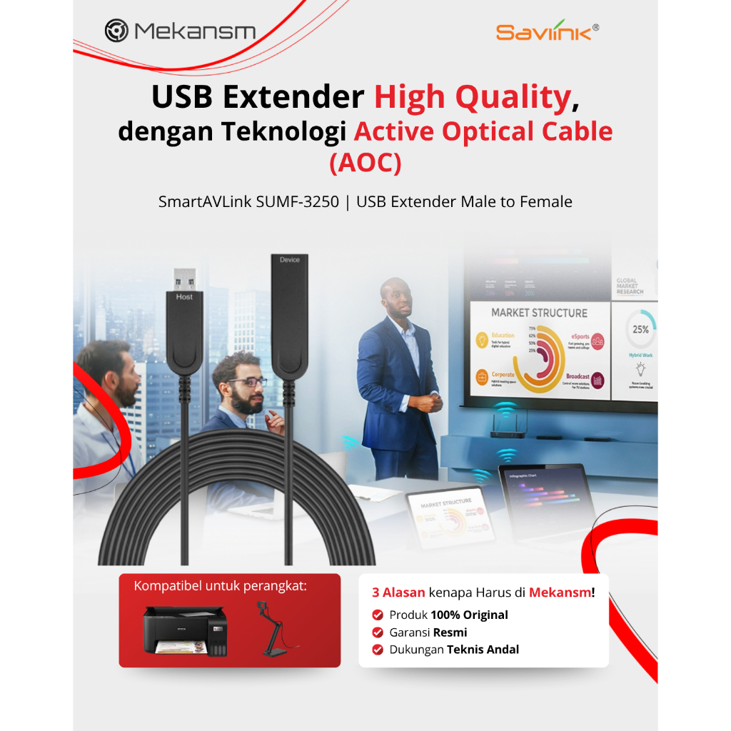 SmartAVLink - SUMF-3250 USB Extender Male to Female 3.1 AM to AF Active Optical Cable (30 Meter)