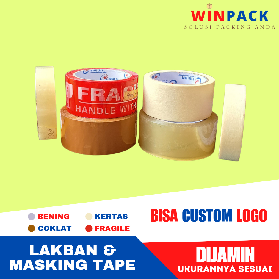 

LAKBAN BENING/COKLAT, FRAGILE, MASKING TAPE. SEMUA LAKBAN 100% SESUAI UKURAN YANG TERTERA
