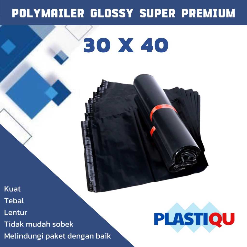 Polymailer Super Premium Glossy 30X40 | Plastik Packing Polymailer Tebal Hitam Glossy
