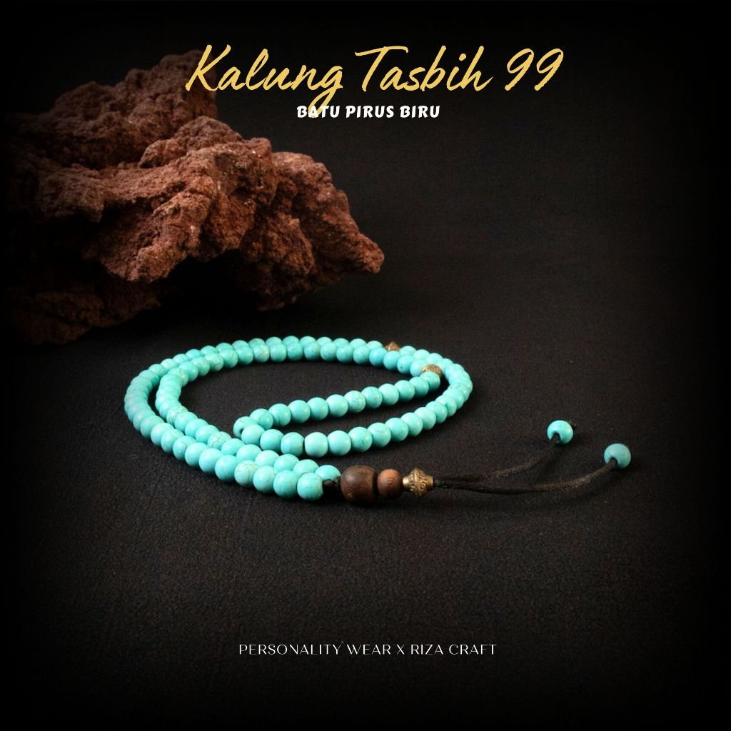 Kalung Tasbih Tasbeh Pria Wanita Keren 99 Butir Kecil Cantik Premium Batu Alam Pirus Persia Kristal 