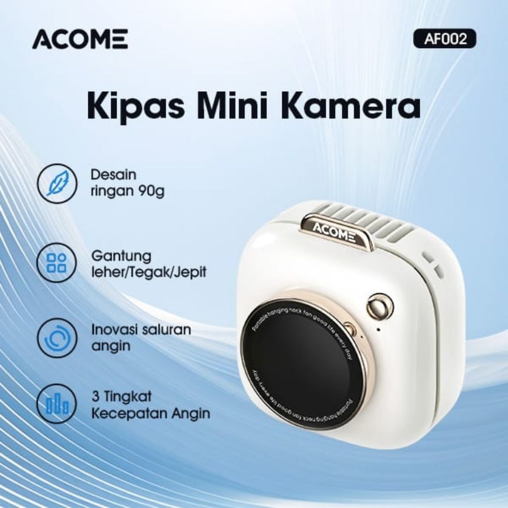 ACOME AF002 Mini Fan/Kipas Mini Desain Kamera – Portable, Senyap, 3 Mode / Gantung • Jepit • Meja