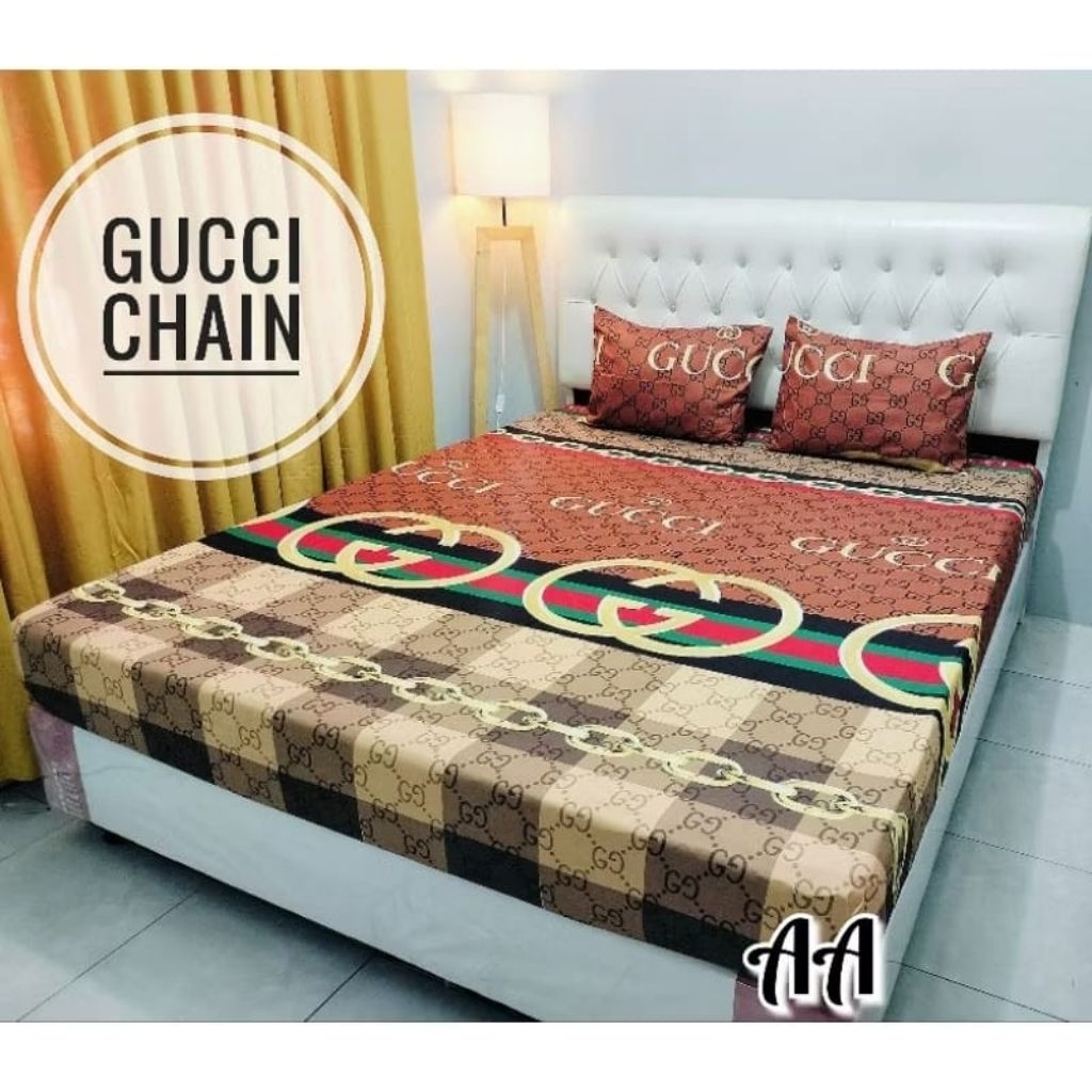 SPREI KARET KATUN PREMIUM 90/100/120/140/160/180/200 Motif Brand Gucci guci chain brown coklat