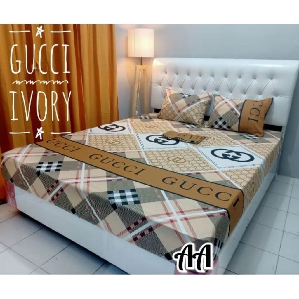 SPREI KARET KATUN PREMIUM 90/100/120/140/160/180/200 Motif Brand Gucci guci ivory brown coklat