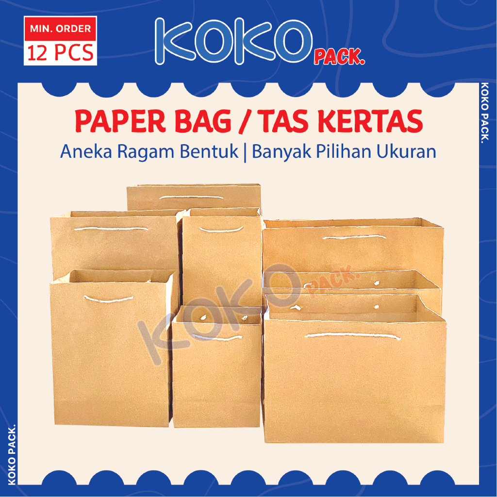

(isi 12pcs) Paper Bag Kraft / Tas Kantong Kertas Coklat Berbagai Ukuran - Mini Buku Kwarto Folio Botol XL HB Brownies XXL Donat