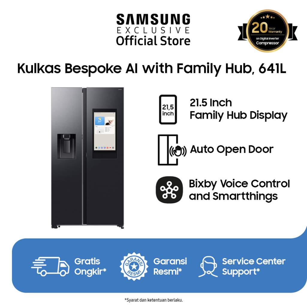 Samsung Kulkas Pintar BESPOKE AI dengan Family Hub 641L Side by Side I RS90F65ANFSE