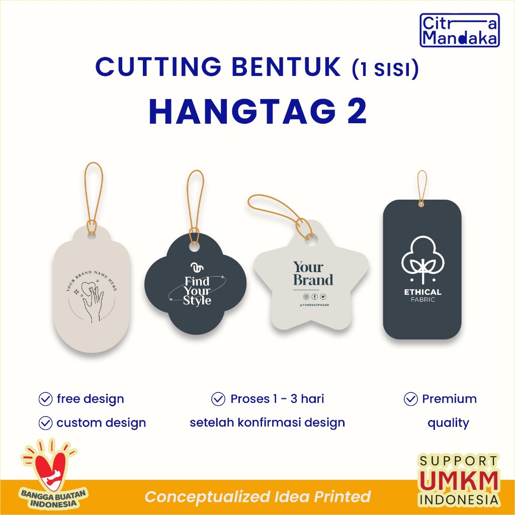 

Hang Tag Custom Cutting Bentuk 1 Sisi | Label Merk Baju | Tag Souvenir | Hampers | Aksesoris