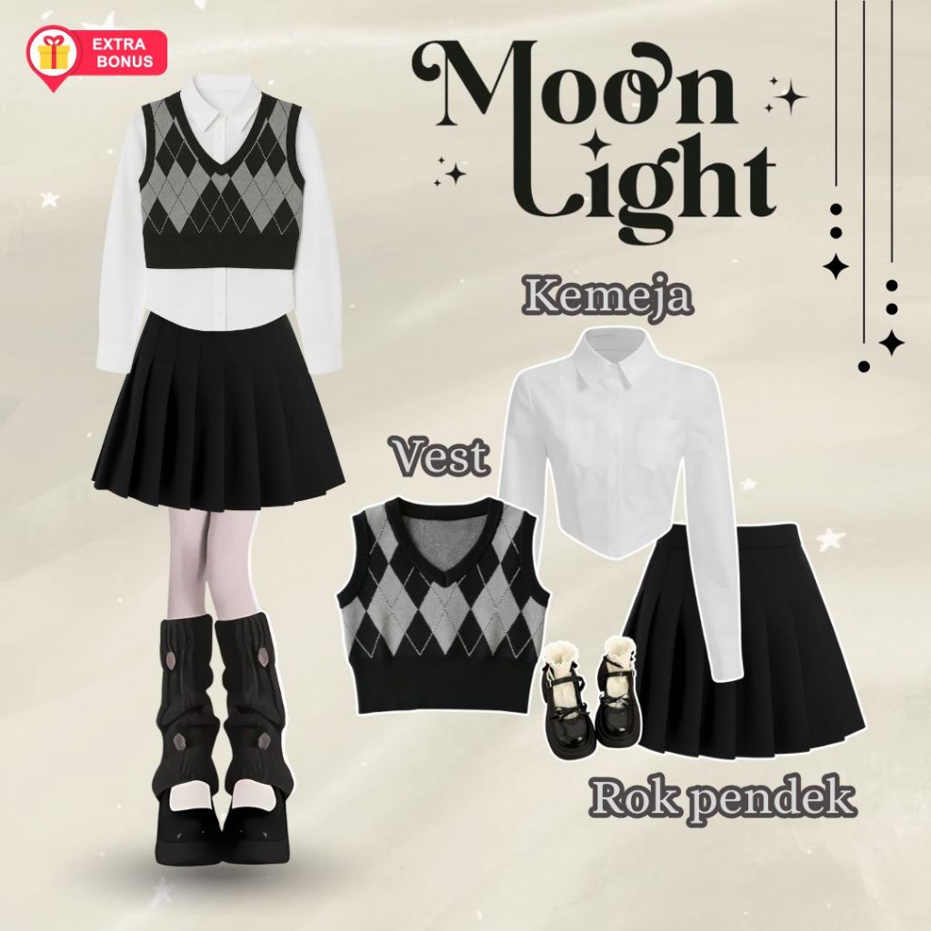 One Set 3in1 Kemeja Crop Vest Rok Pendek Rampel | OOTD outfit wanita cewek anak remaja modern kekini