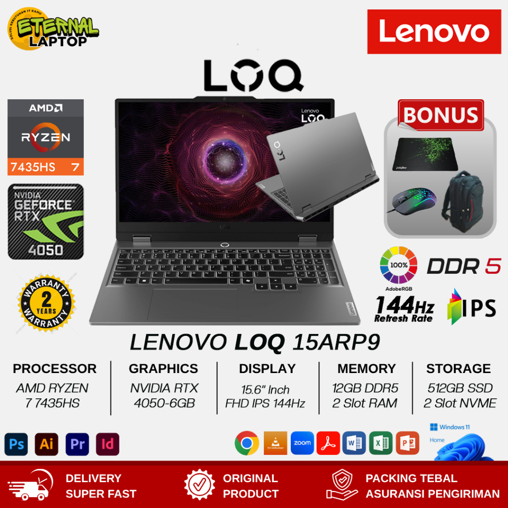 Laptop Lenovo LOQ 15ARP9 AMD RYZEN 7 7435HS 28GB DDR5 2TB SSD RTX3050 FHD IPS 144hz 100SRGB OHS