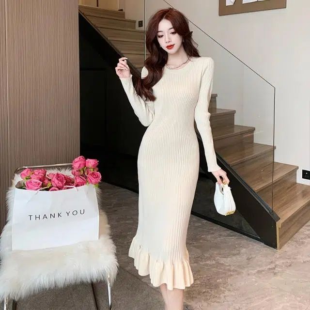Dress Wanita Midi Rajut tebal Bodycon dress - midi dress Dress Rajut Panjang fadfad dress wanita K03