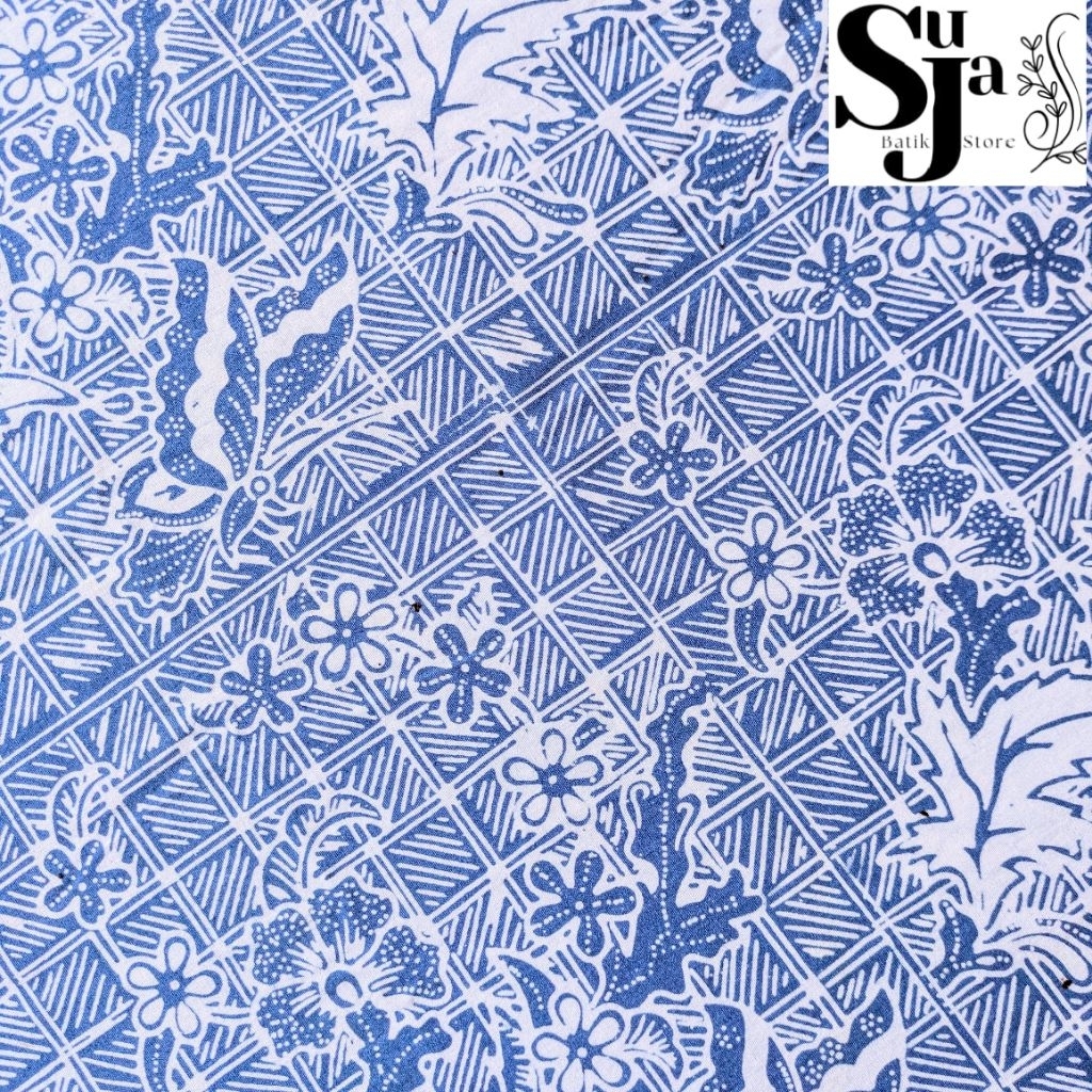 Suja Kain Batik Cap Satu Warna Motif Kupu Warna Biru Langit