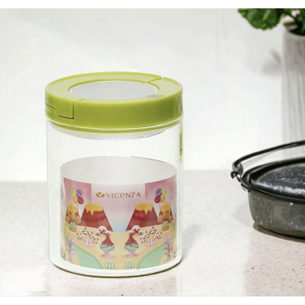 Toples Kaca VICENZA GB432 HIJAU, tinggi 14,3 cm, vol 1050 ml, diameter 11 cm, bentuk candy jar Vicen