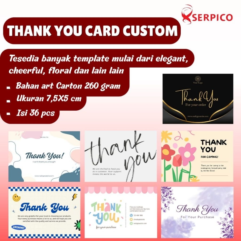 (36 pcs) Thank You Card Custom Ukuran 7,5x5cm