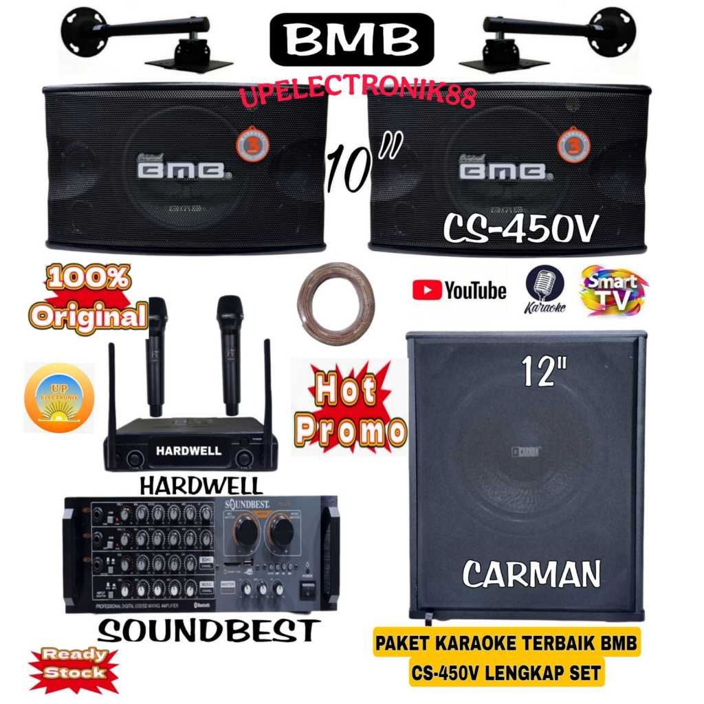 Paket Karaoke Speaker Pasif 10 Inch BMB CS450V+Subwoofer 12Inch+Power Amplifier Soundbest+1 Set Mic 