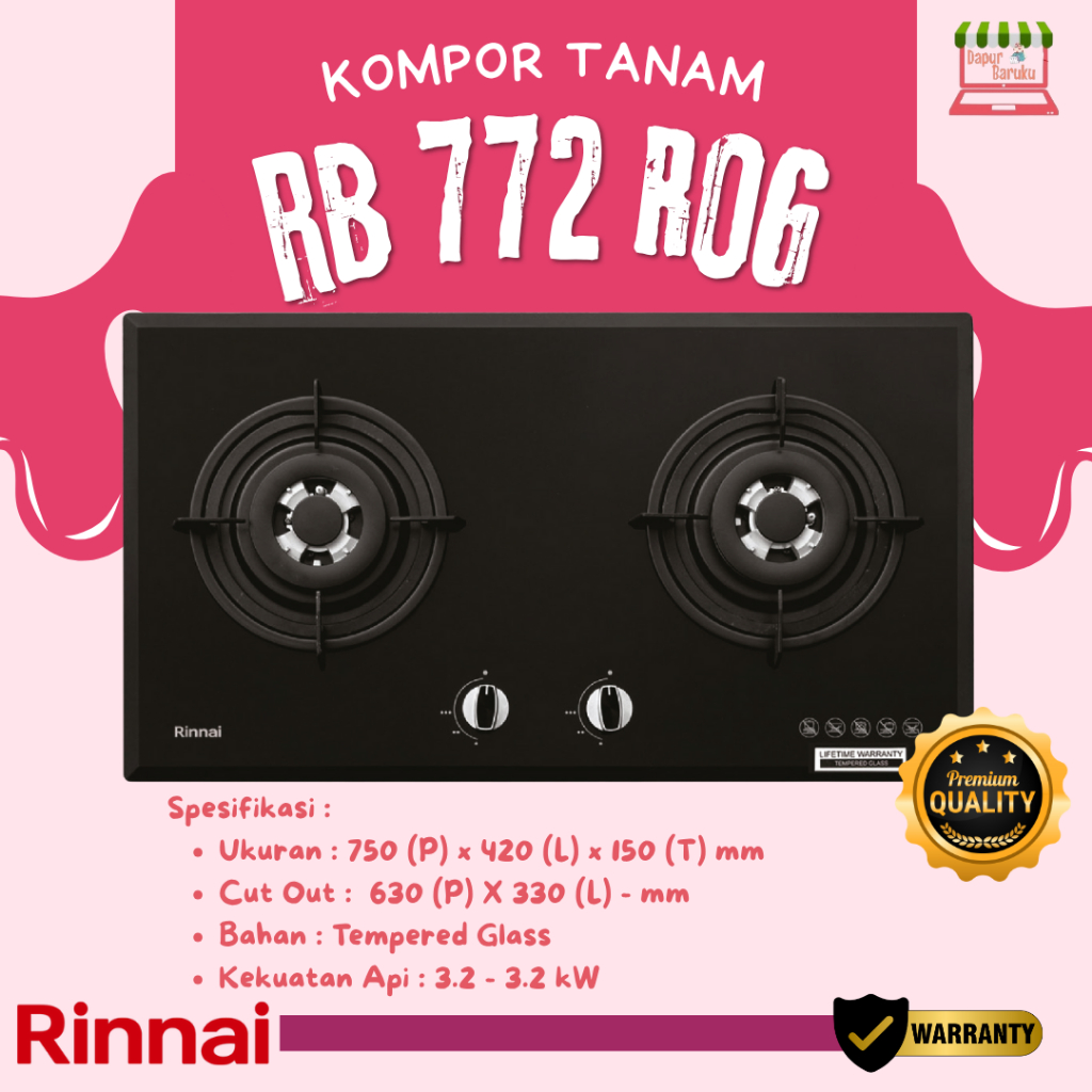 RINNAI RB 772 RO G / RB772RO G / RB 772ROG Kompor Tanam Tempered Glass