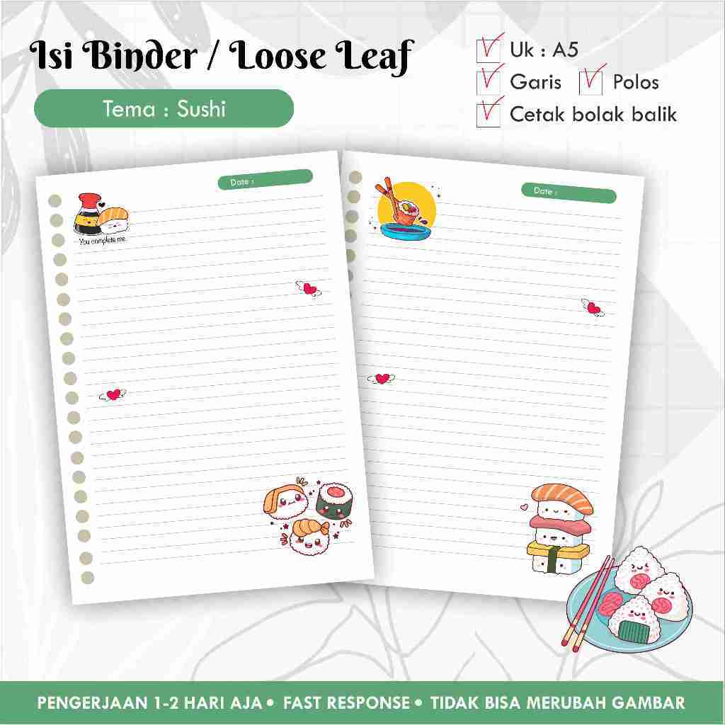 

[10 pcs] Isi Binder / Loose leaf gambar A5 Tema SUSHI / Refill Map Binder / Garis Polos