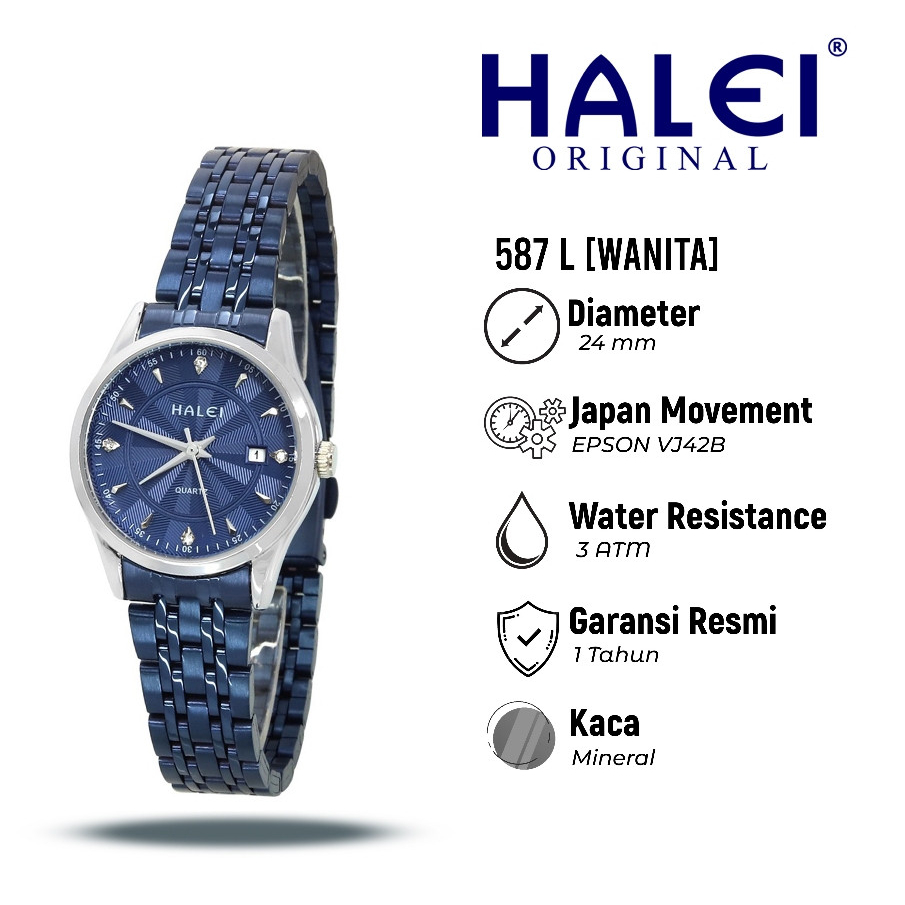 TERMURAH HALEI - JAM TANGAN CEWEK PREMIUM ANALOG ADA TANGGAL TALI RANTAI TAHAN AIR 587L
