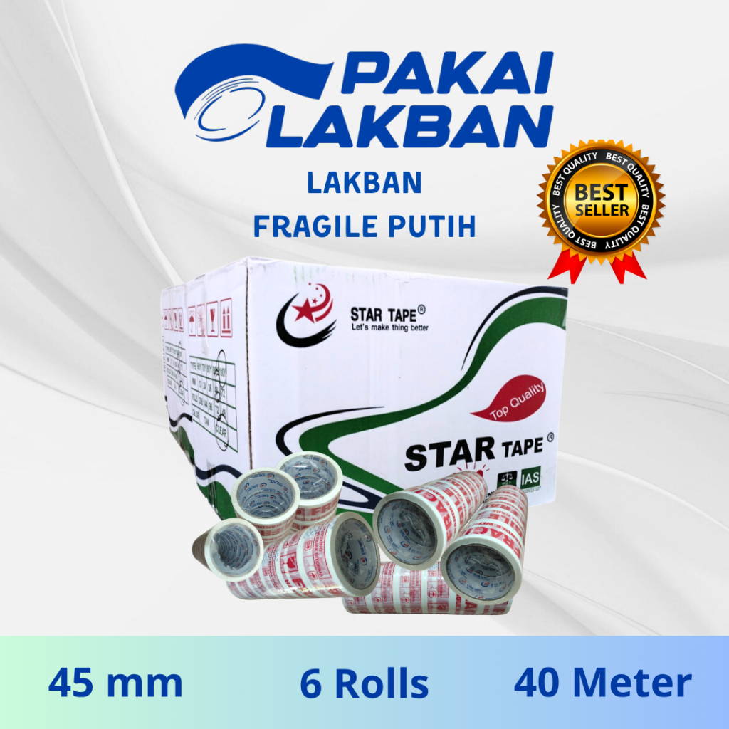 

PAKAILAKBAN Lakban Fragile Putih Ukr 45MM x 40 Meter, 1 SELOP 6 ROLL, Berkualitas tidak mudah putus