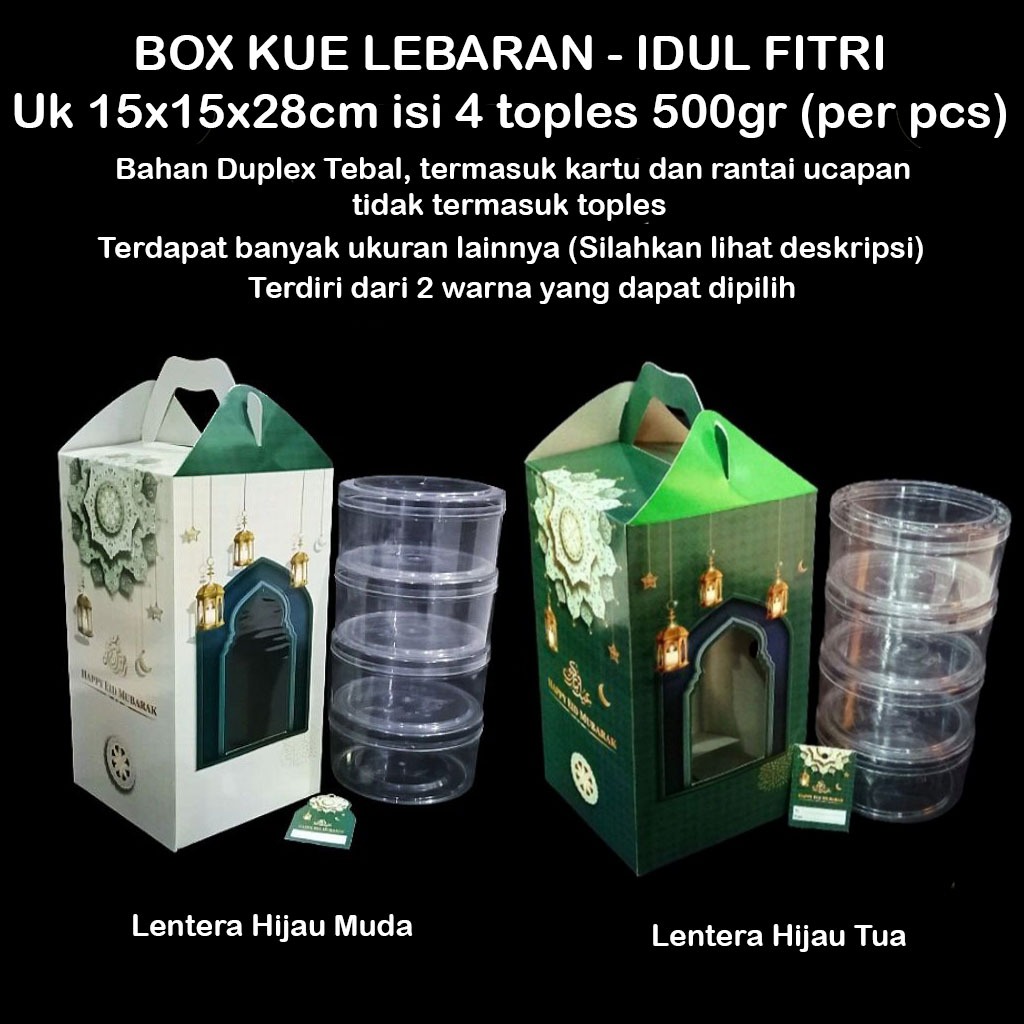 

Box Tenteng Kue Kering Muat 4 Toples 500gr - Hampers Lebaran Idul Fitri 15x15x28cm