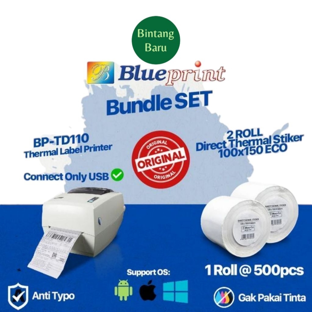 Bundle Barcode Printer Thermal
Label Resi Pengiriman A6 Blueprint TD110 USB (USB) Printer Stiker Blu