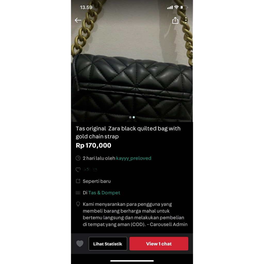 tas original zara black quilted bag with gold chain  strap