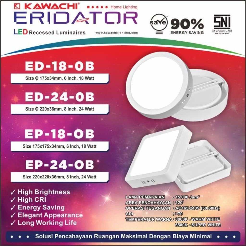 Panel Led Outbow 18W Bulat Putih/Warm Eridator Kawachi Lampu led panel untuk plafon gypsum slim bent
