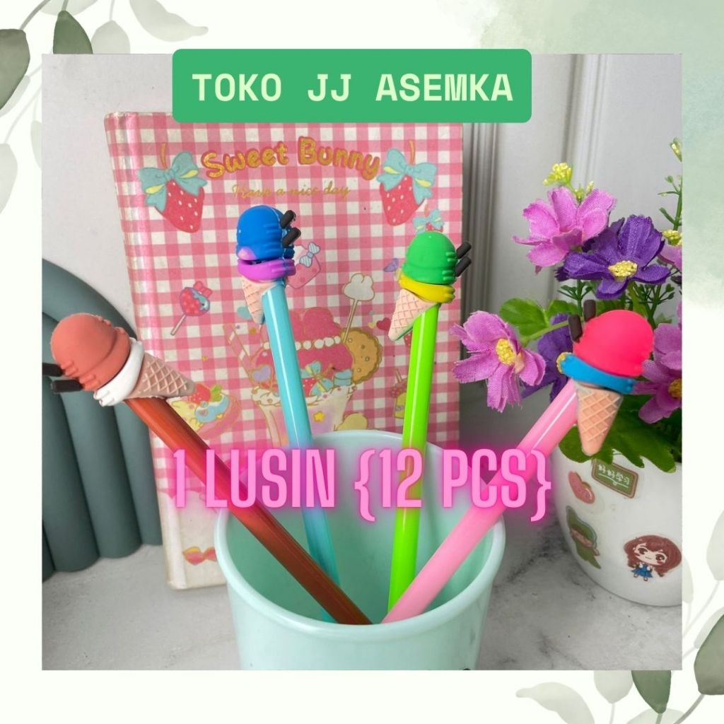 

12 PCS PULPEN GEL ICE CREAM LUCU UNIK KARAKTER A;AT TULIS SEKOLAH MURAH COD