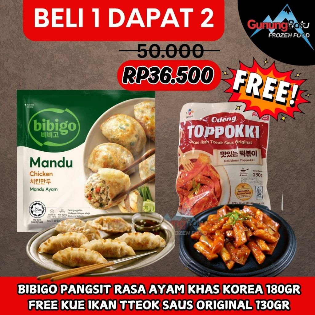 

BELI 1 DAPAT 2 BIBIGO MANDU CHICKEN (PANGSIT ISI AYAM KHAS KOREA) 180GR FREE ODENG TOPPOKKI (KUE IKAN TTEOK SAUS ORIGINAL) 130GR