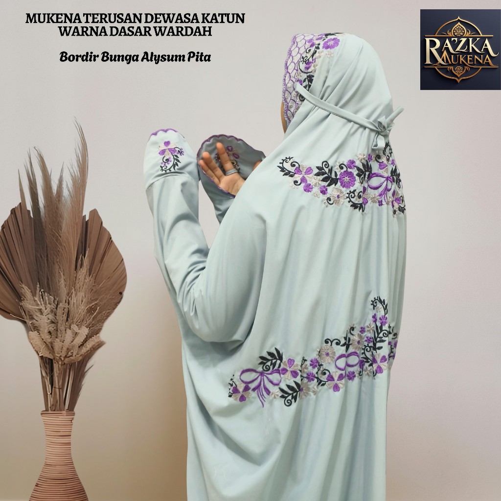 Mukena Terusan Size Dewasa Bahan Katun Polino Warna Biru Wardah Bordir Bunga alysum Bahan Adem Murah