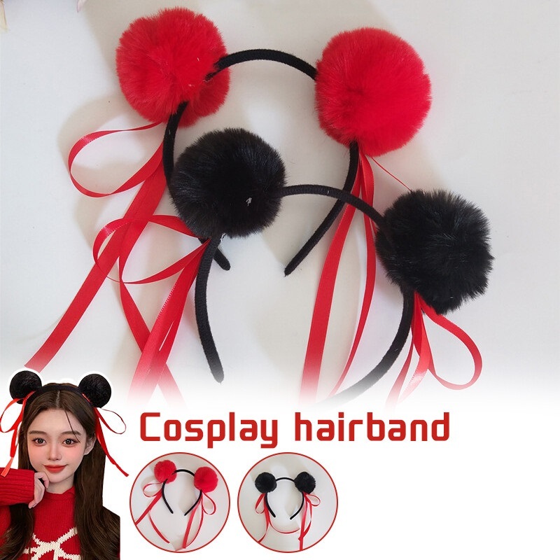 Bando Pom Pom Merah|Bando Telinga Bulat|Bando Ne Zha|Bando Cosplay Nezha|Bando Anak|Bando lucu