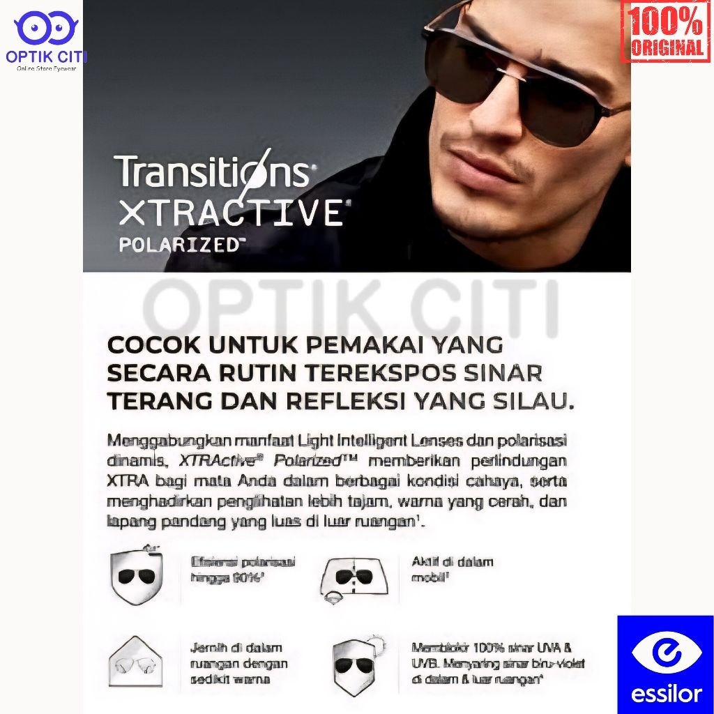 Lensa Kacamata Photocromic Crizal Essilor Transition Xtractive Polarized Grey Original