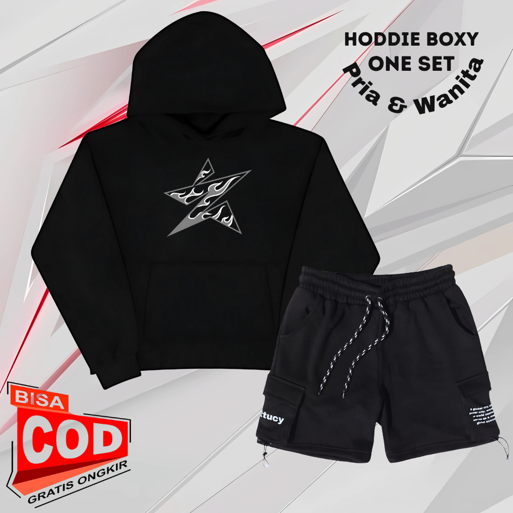 Oneset Hoodie Boxcy Celana Pendek Pria Wanita Distro Stelan Boxy Celana Cargo Bahan Flece Brend Meta