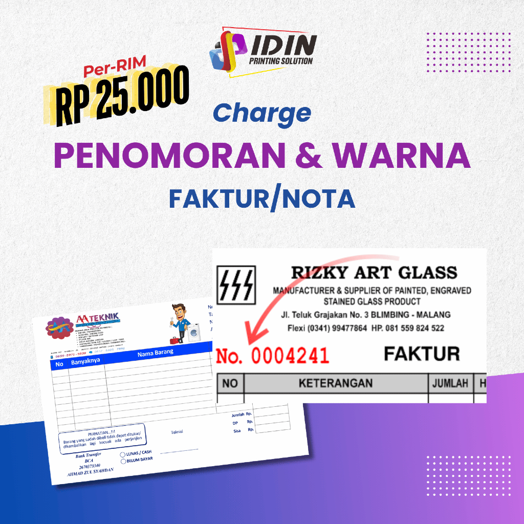 

Biaya Penambahan Charge Nota Faktur Numerator Warna - Percetakan Idin Printing Solution