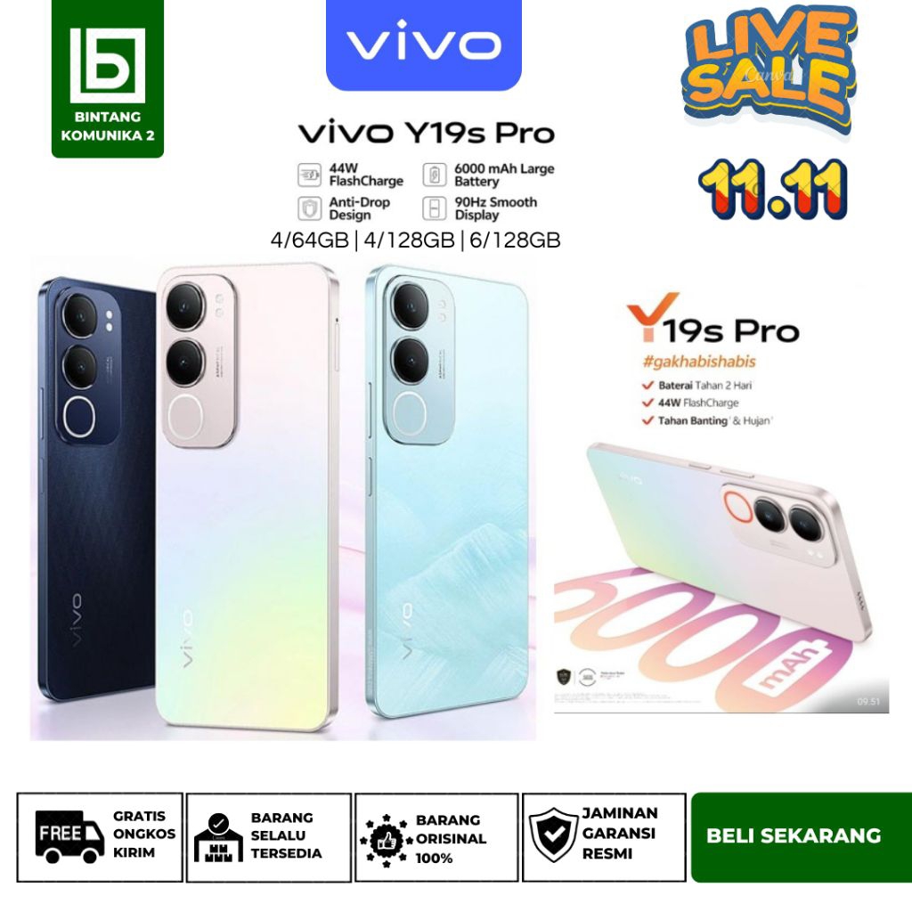 PROMO Live Sale New (Vivo Y19S PRO RAM 4/64GB)batrai super besar 6000 tahan 2hari 44wat pengecasan t