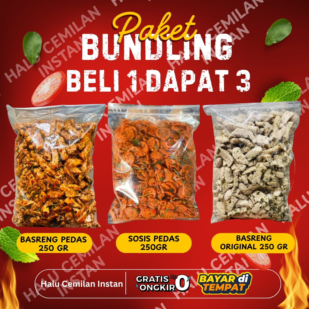 

Bundling Basreng dan Sosis Goreng Bumbu Daun jeruk (Basreng Pedas 250 Original 250 Sosis Goreng 250)