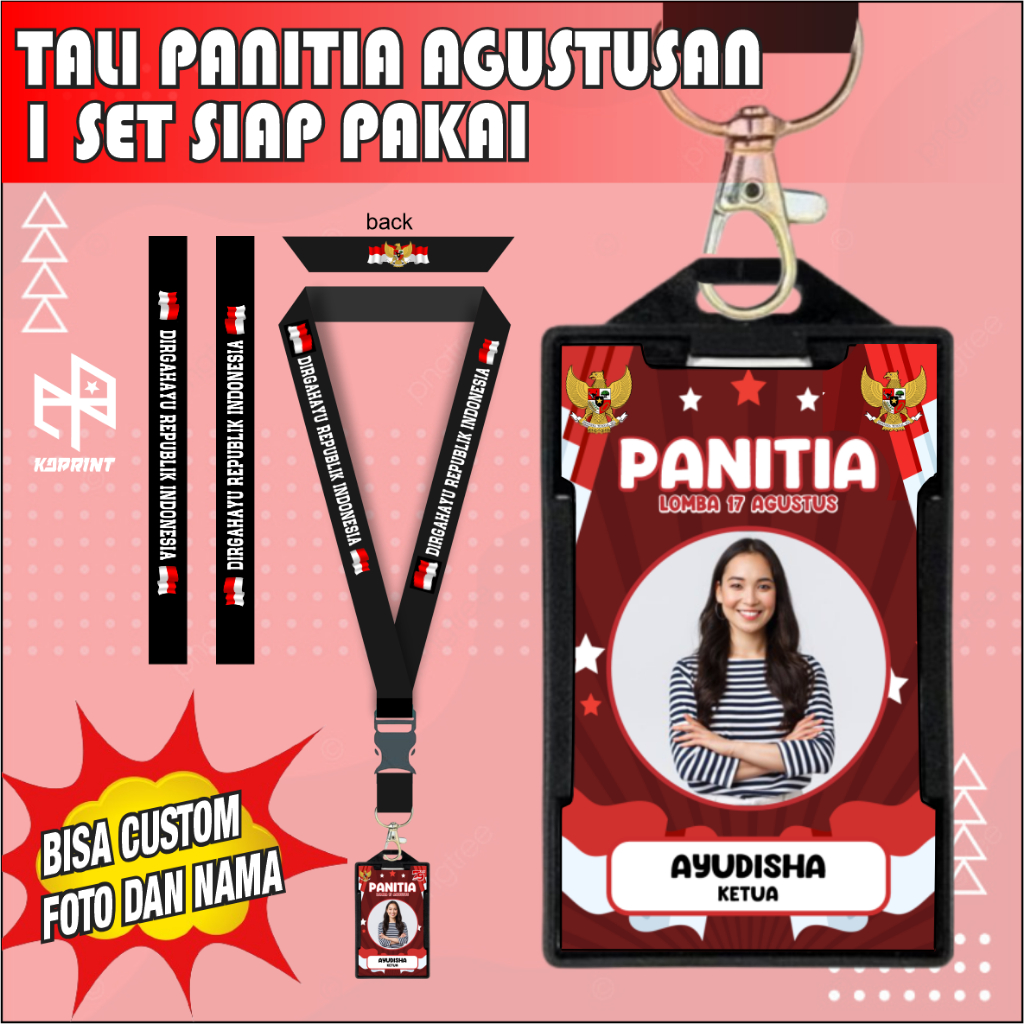 

TALI LANYARD PANITIA LOMBA AGUSTUSAN 1 SET SIAP PAKAI / BISA CUSTOM FOTO DAN NAMA